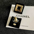 Chanel Square Logo Stud Earrings – Black and Gold-Tone