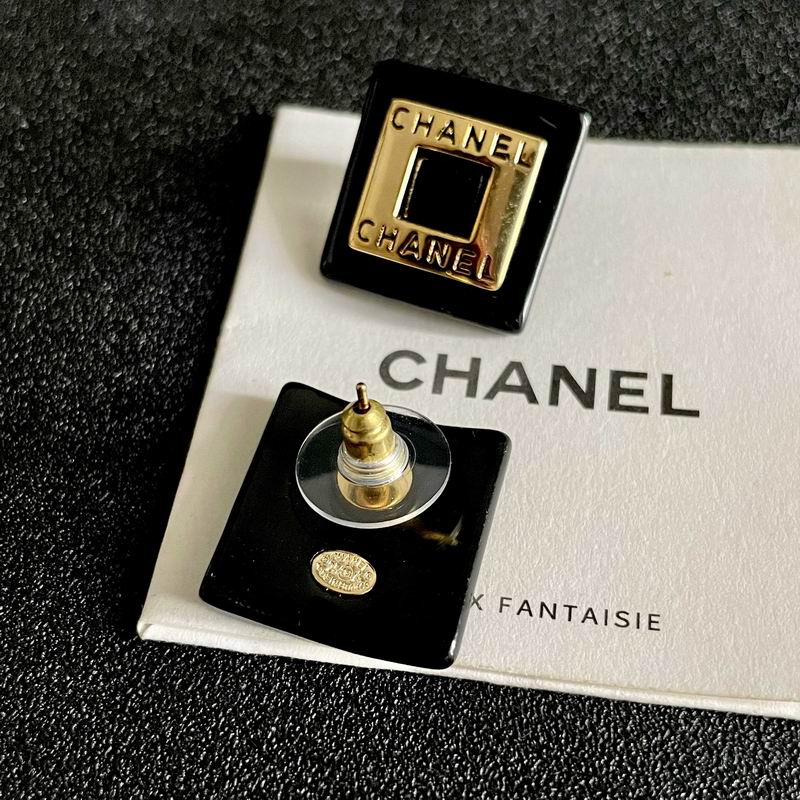 Chanel Square Logo Stud Earrings – Black and Gold-Tone