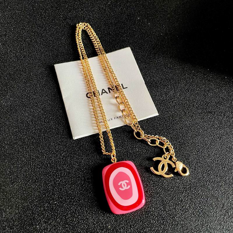 Chanel Pink and Red Oval Pendant Necklace