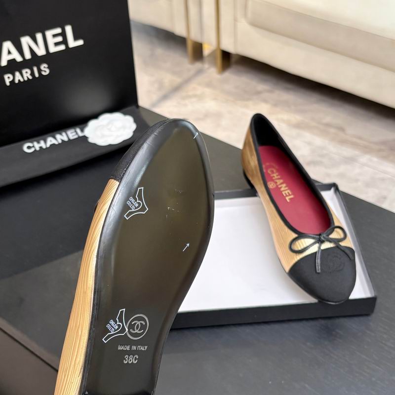 Chanel Classic Ballet Flats – Gold Tweed & Black Cap Toe with Bow