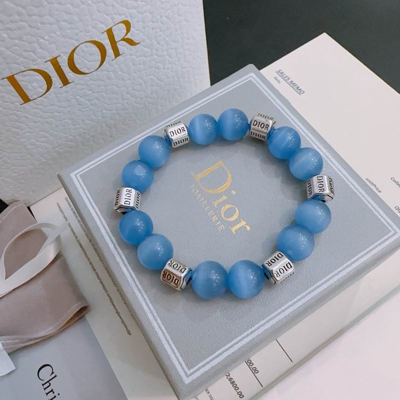 Blue Cat Eye Bead Bracelet with Silver Logo Cube Charms