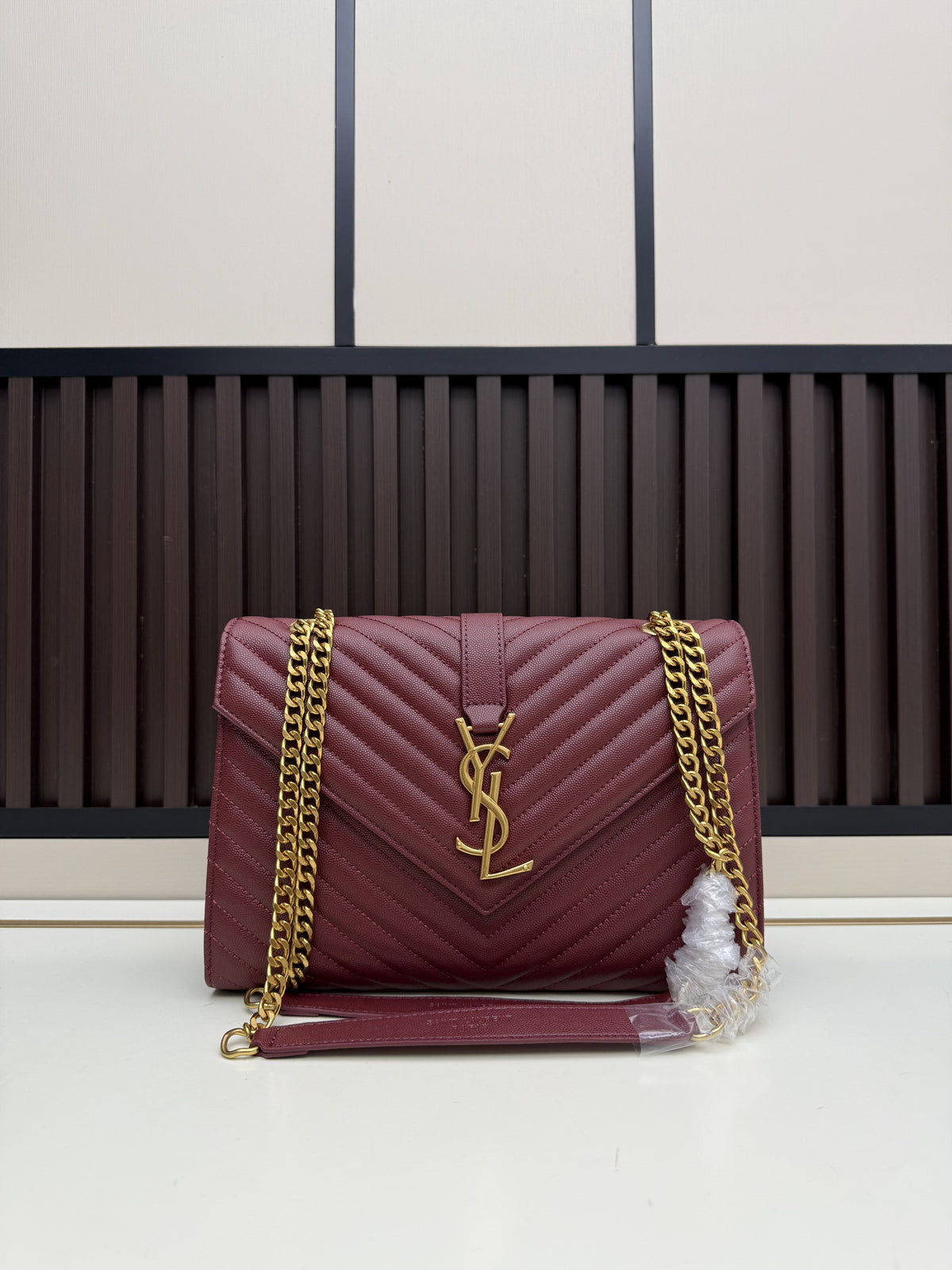 YSL Envelope Medium Chain Bag – Burgundy Matelassé Leather