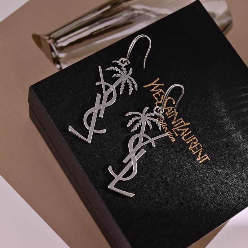 Saint Laurent YSL Cassandre Palm Tree Drop Earrings in silver-tone metal on branded box