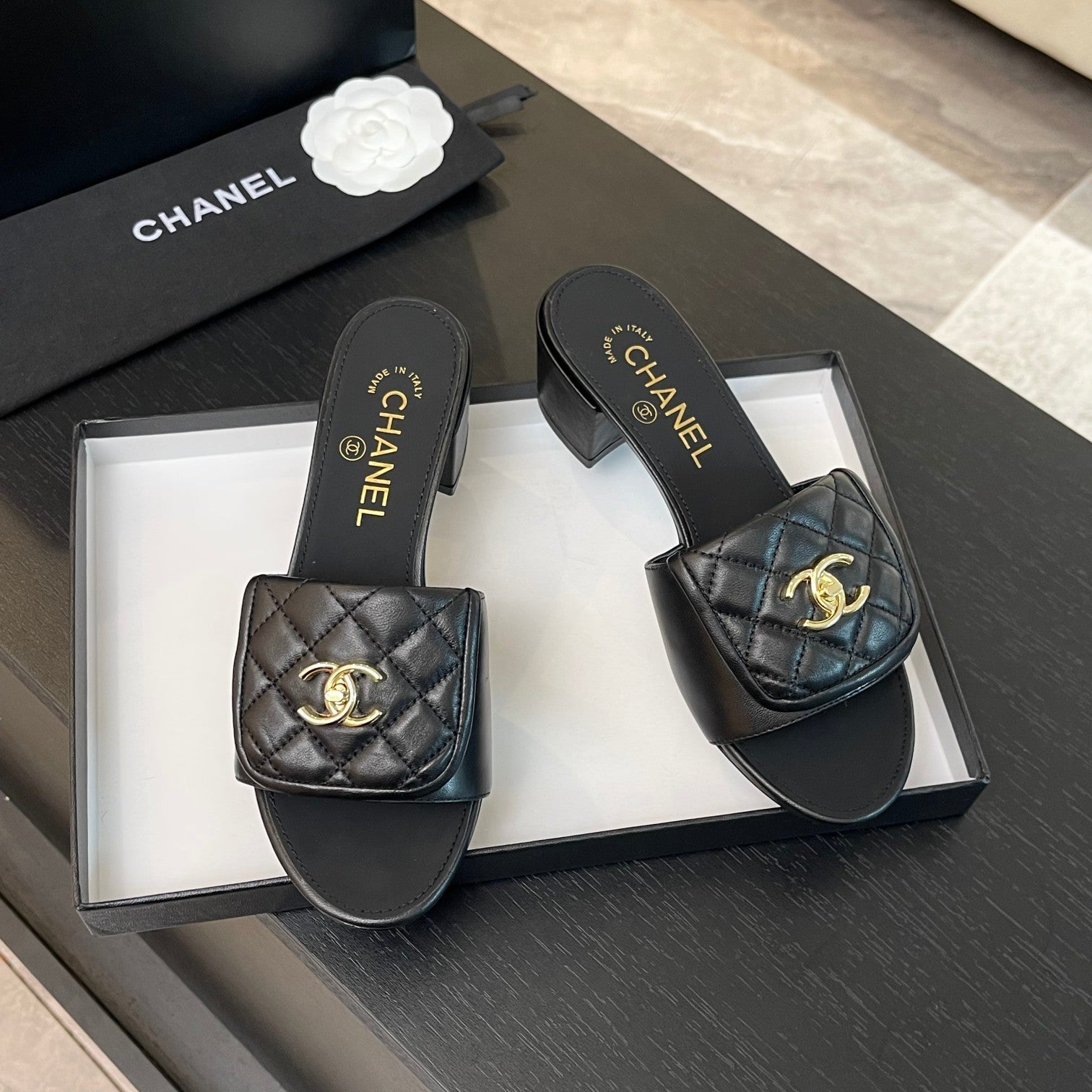 CHANEL MID-HEEL 5 CM MULE IN BLACK LAMBSKIN