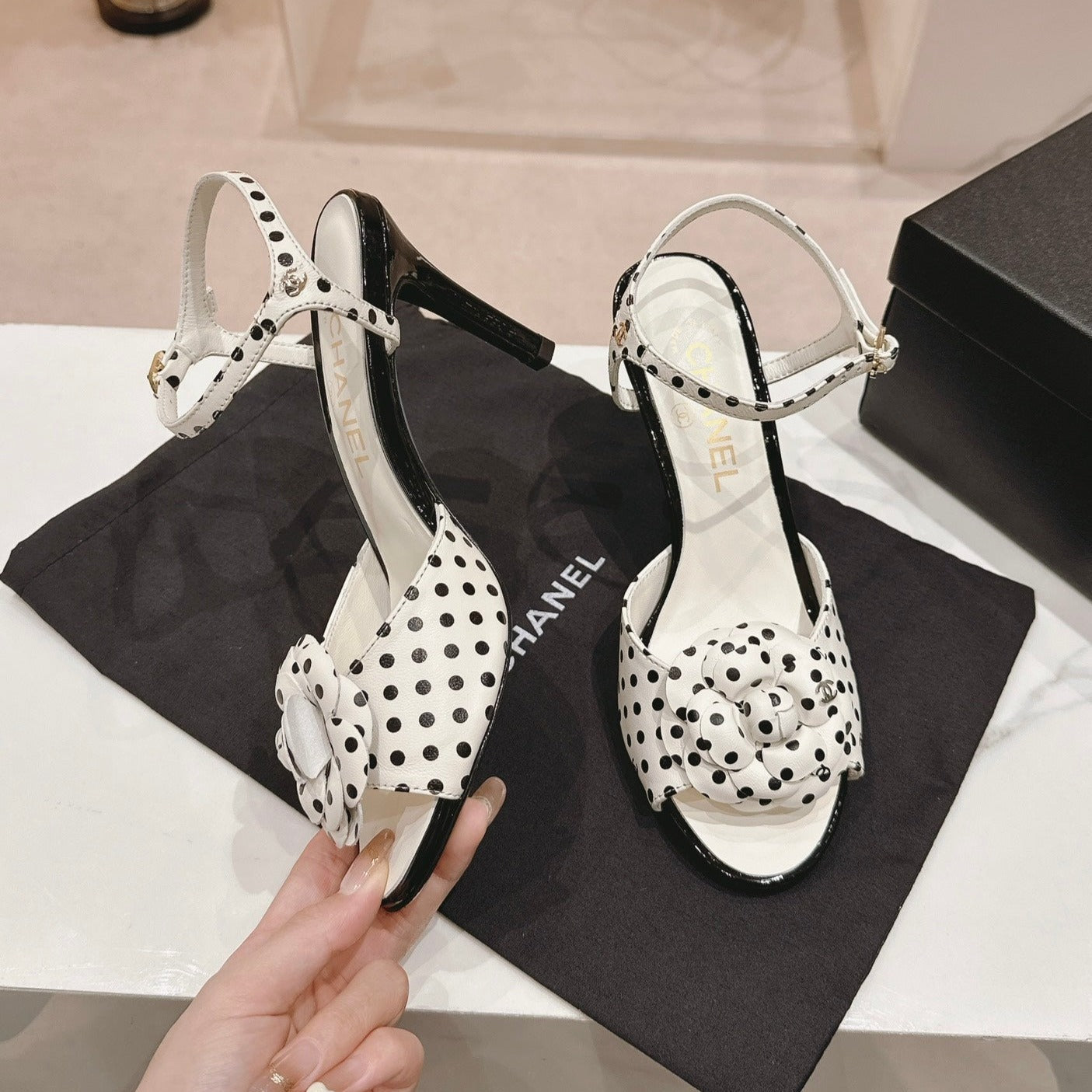 CHANEL Double C New Camellia High Heel Sandals White/ Black Caro